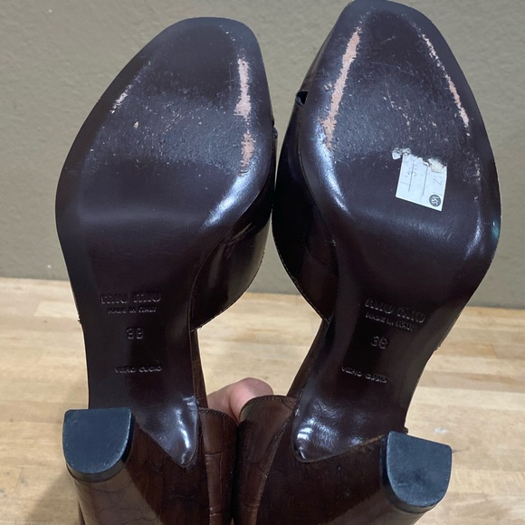 Miu Miu Leather Brown Chunky High Heel 8 Peep Toe Vintage Style Shoes EUR 38 EUC - Picture 9 of 9